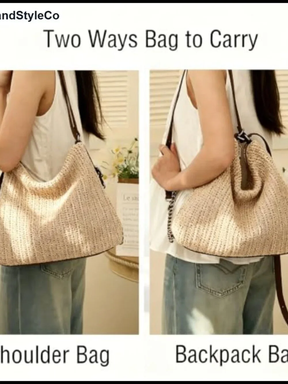 Woven Hobo Bag for Women Convertible Shoulder Backpack Adjustable Strap